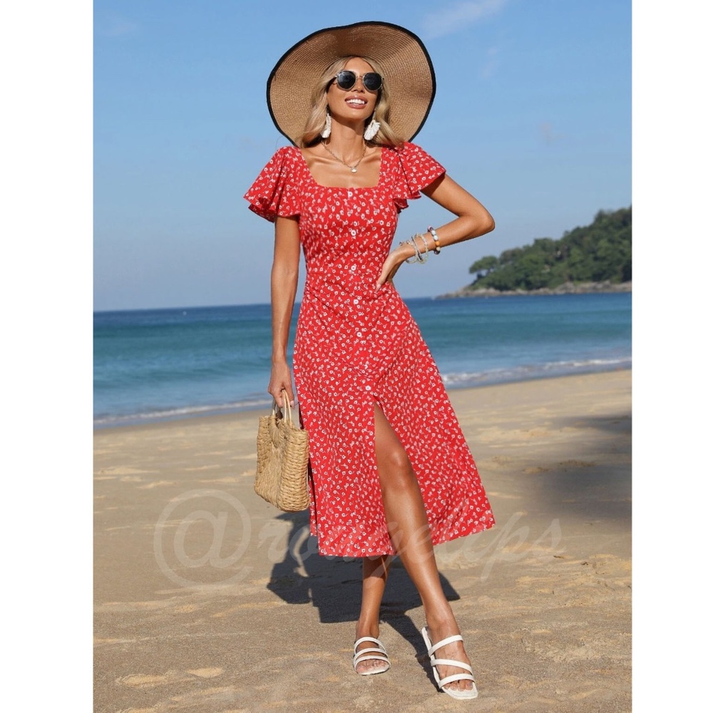 Boho Red Floral Square Neck Ruffle Hem Midi Length, A Line Button Up Dress - Picture 2 of 7